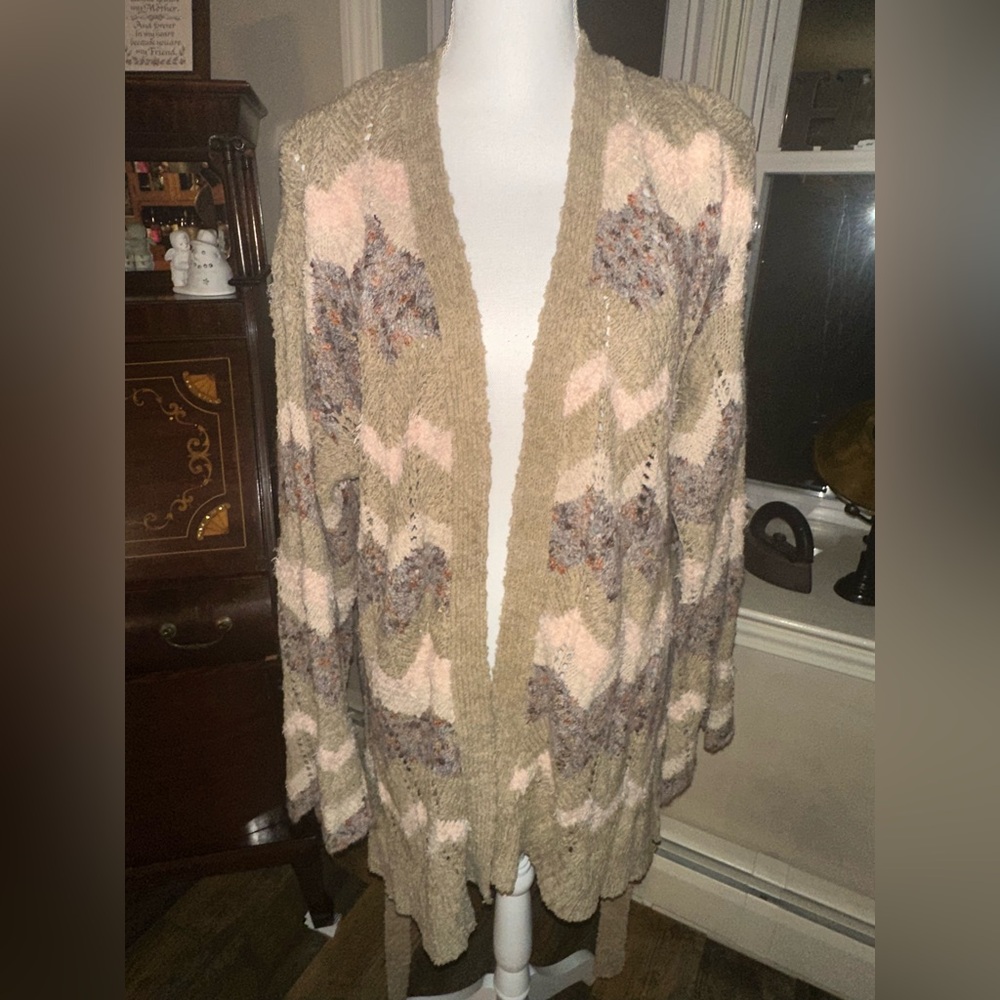 New Preswick & Moore Womens Long Cardigan Tans/ Pale Pink Boho/ Belt / size 2X